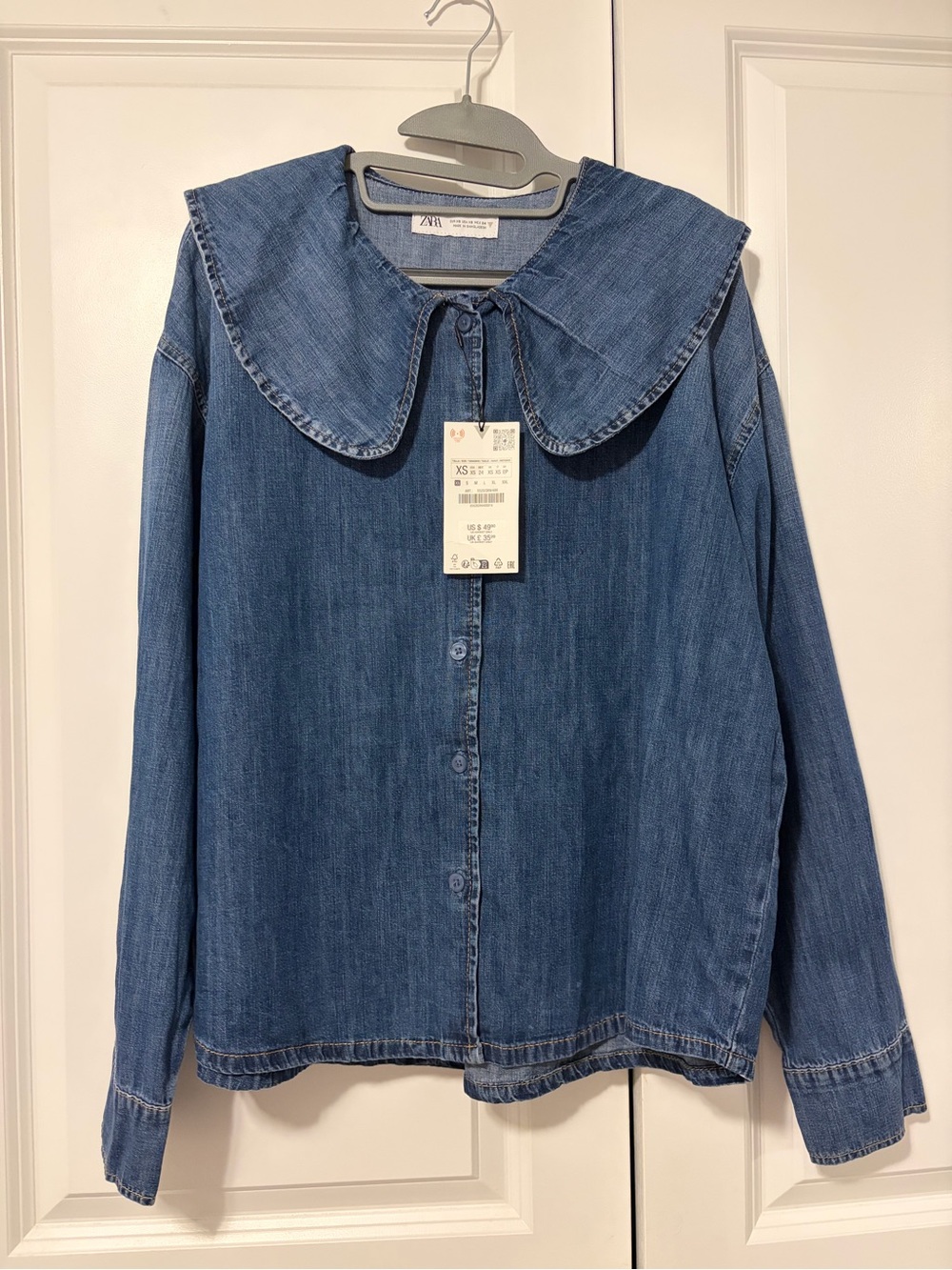 Zara Blue Denim Button-Down Top with Large Peter Pan Collar